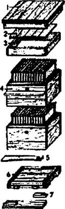 Рис. 3. Двухкорпусный улей: 1 — крышка; 2 — потолочные дощечки; 3 — подкрышник;
